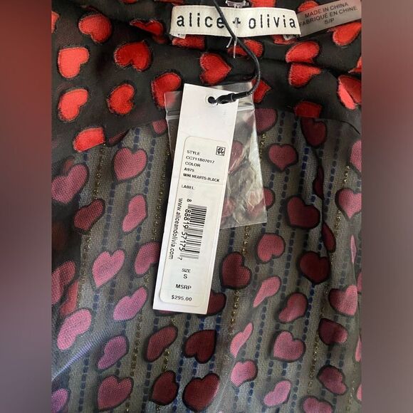 Alice + Olivia Shirt Womens Silk Small Black Red Hearts Printed Long Sleeve NWT - Picture 12 of 13